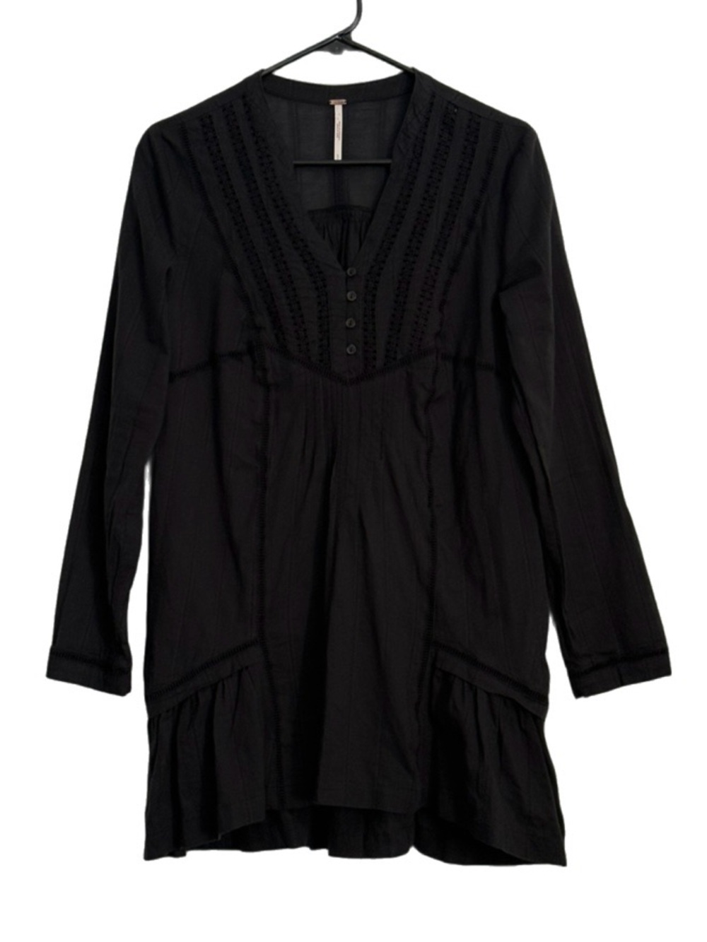 Free People Black Eyelet Embroidered Cotton Tunic LBD Boho Long Sleeve Dress S
